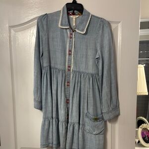 Blue Kids Dress with Lace Trim